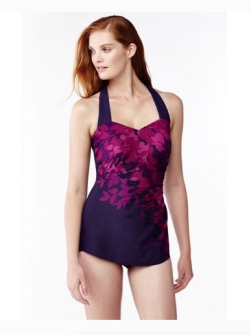 Lands' End Slender Tunic One Piece Swimsuit Tummy Control Purple Fuchsia Size 6